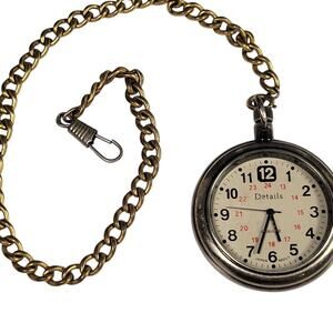 Details Pocket Watch with 14" Chain, Quartz Movement, Works New Battery